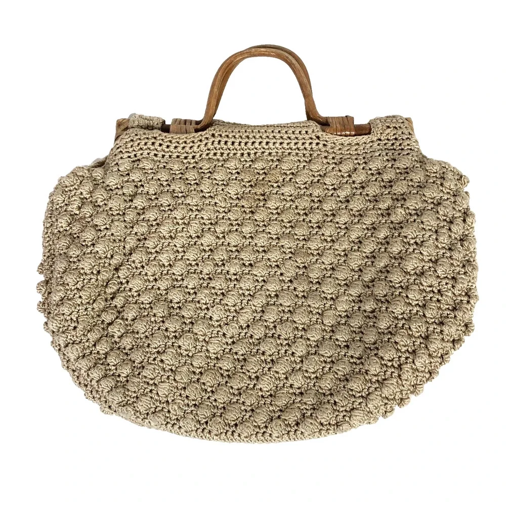 Vintage Crochet Wood Handle Handbag Tan Bauble Bubbles Lined Retro Neutral Beige